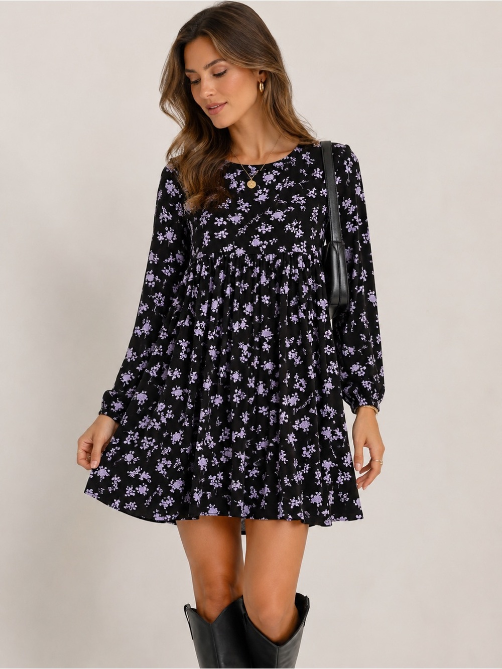 ASOS NWT Black Purple Ditzy Floral Baby Doll Dress
